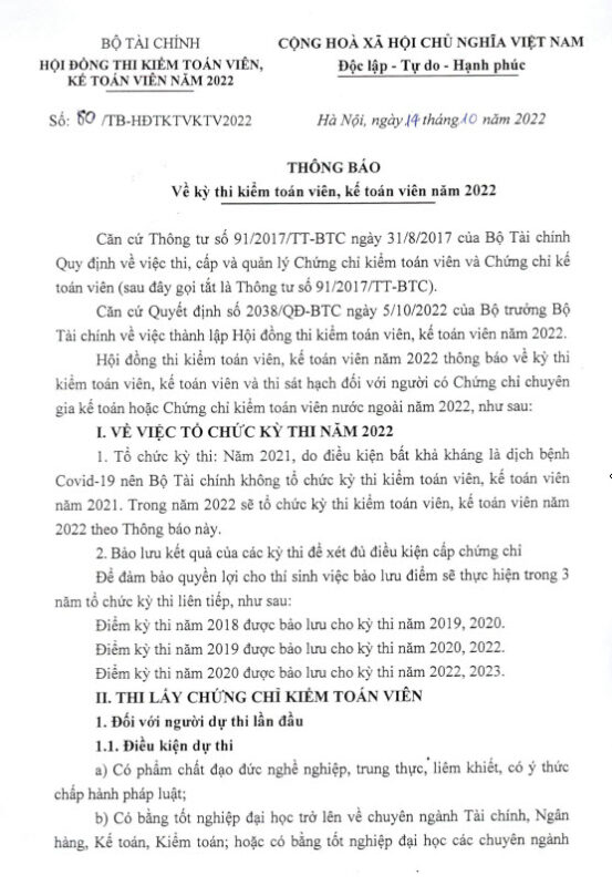 Thông báo về kỳ thi CPA 2022